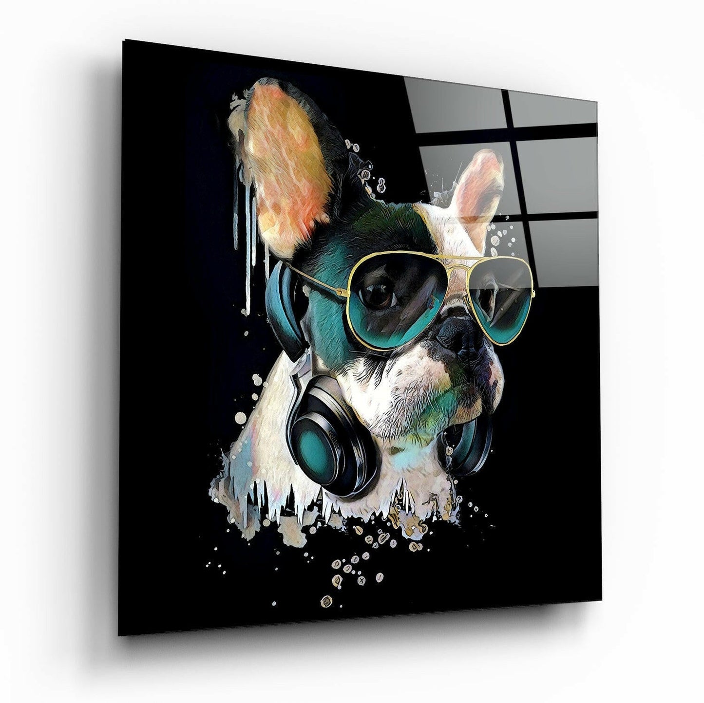 Punk dog glass wall art, bold spiked punk dog portrait on high-gloss tempered glass