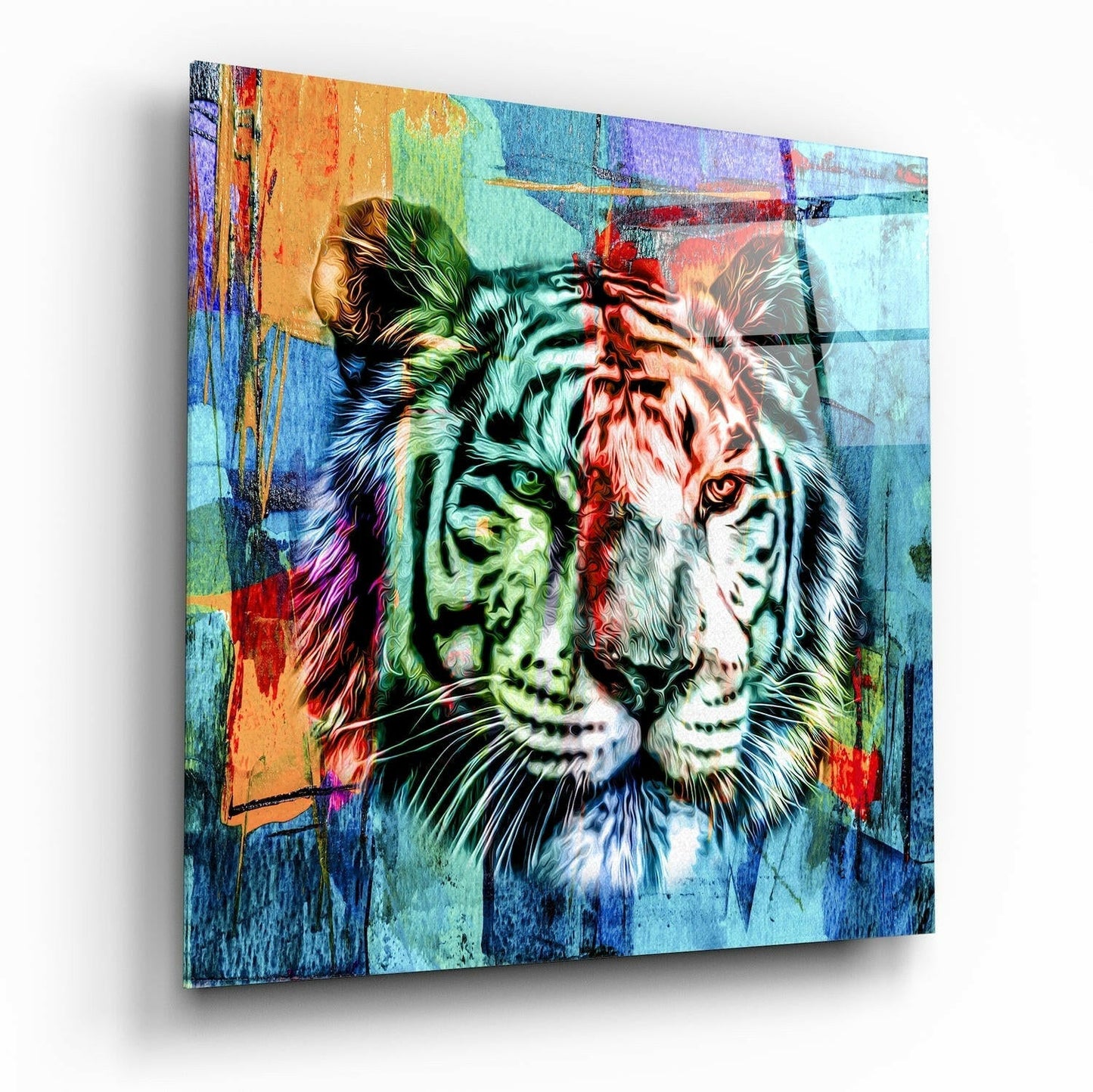 Tiger glass wall art hanging on a wall