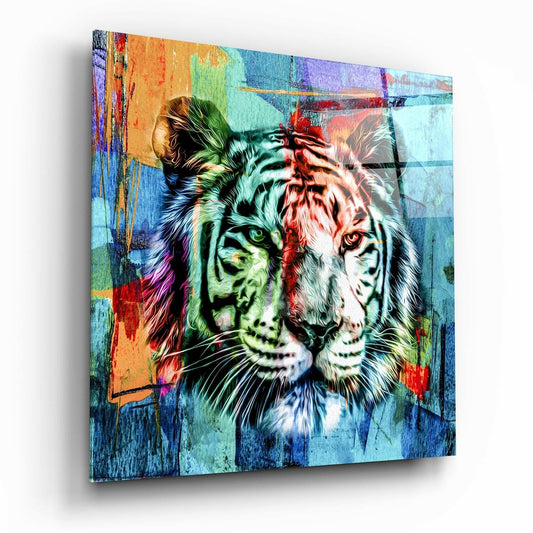 Tiger glass wall art hanging on a wall
