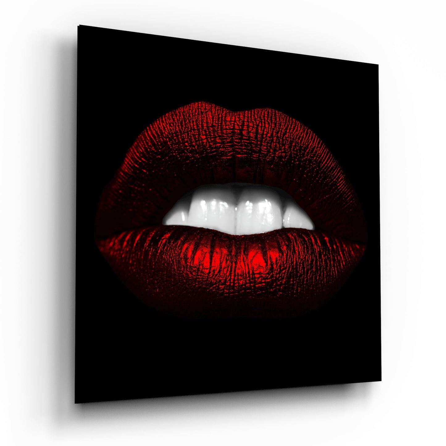 Red lips white teeth glass wall art close up