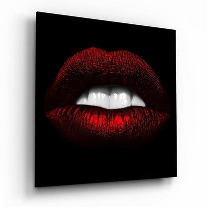 Red lips white teeth glass wall art close up