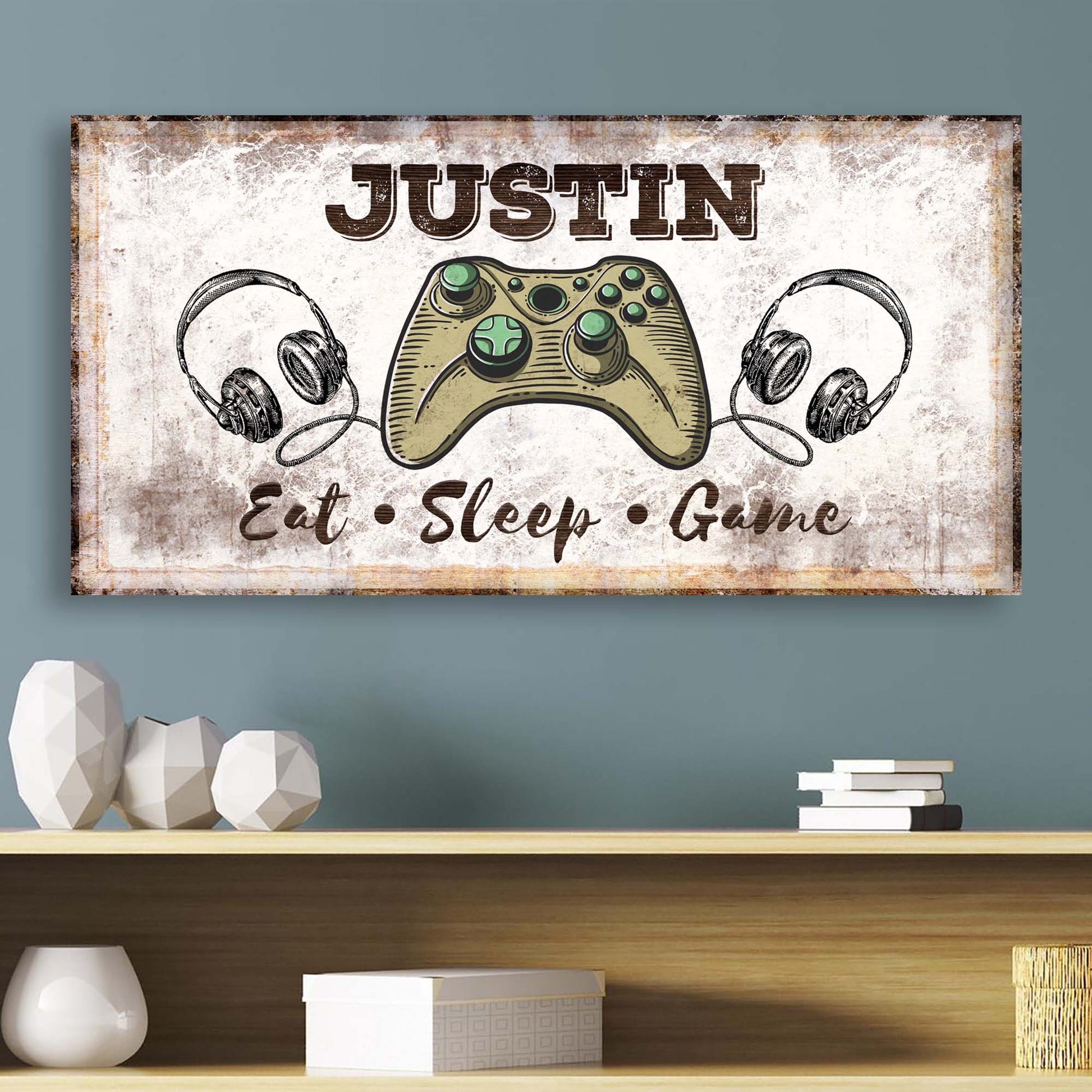 Eat Sleep Game game room canvas sign for a gamer space, ready to hang