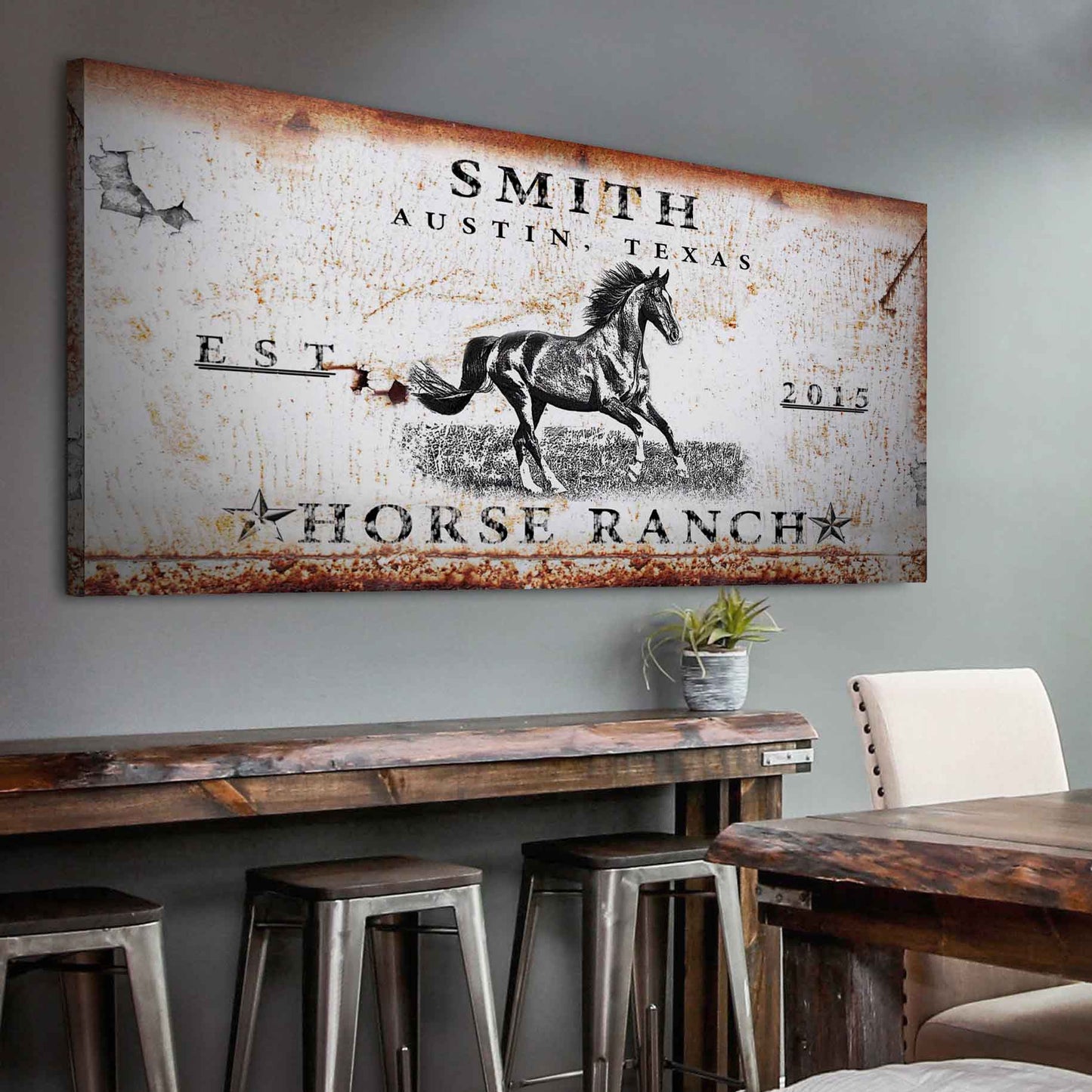 Rustic horse ranch personalized canvas sign with western lettering