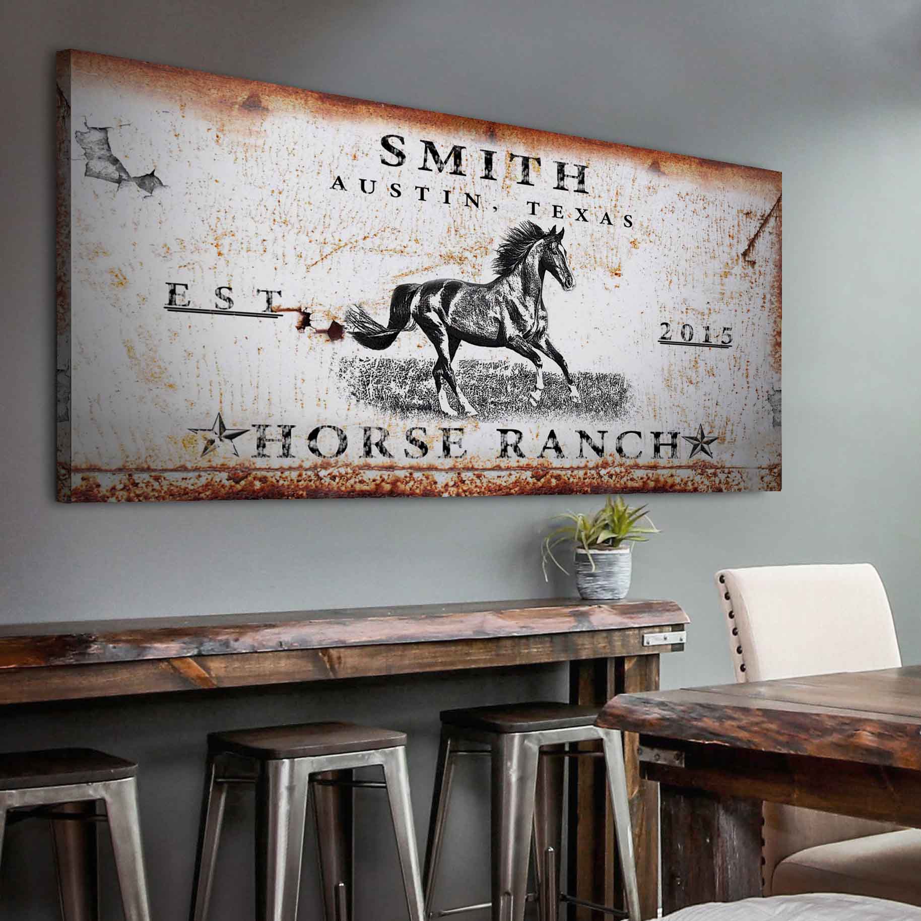 Rustic horse ranch personalized canvas sign with western lettering