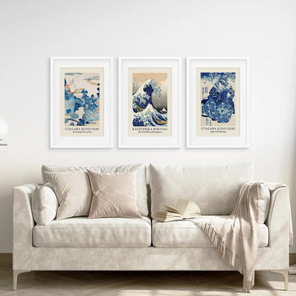 Japanese Woodblock Print Set of 3 | Hokusai Great Wave & Kuniyoshi Art