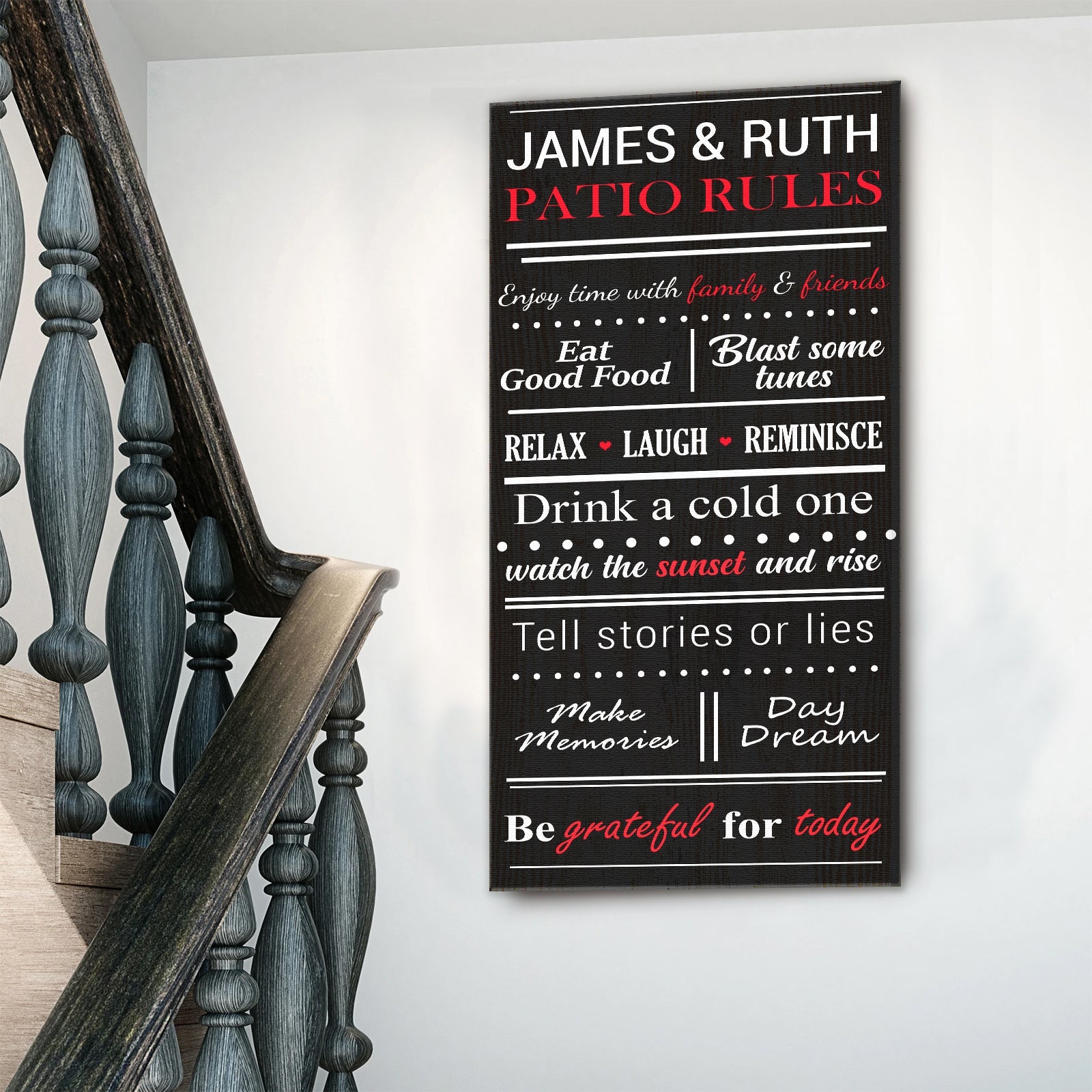 Patio Rules canvas wall art on a covered patio