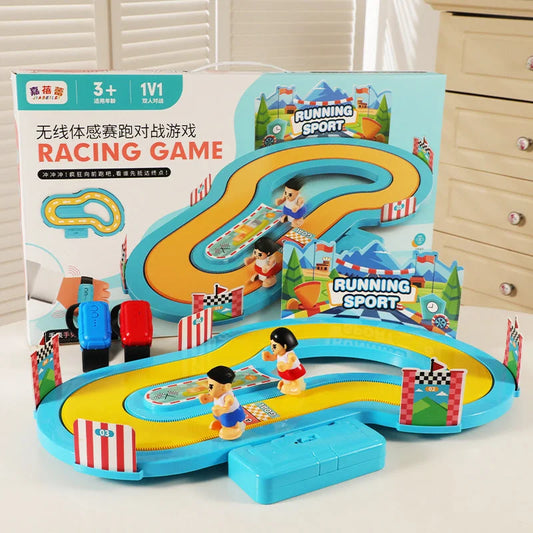 Kids motion controlled race track game set displayed with colorful packaging and running sport theme