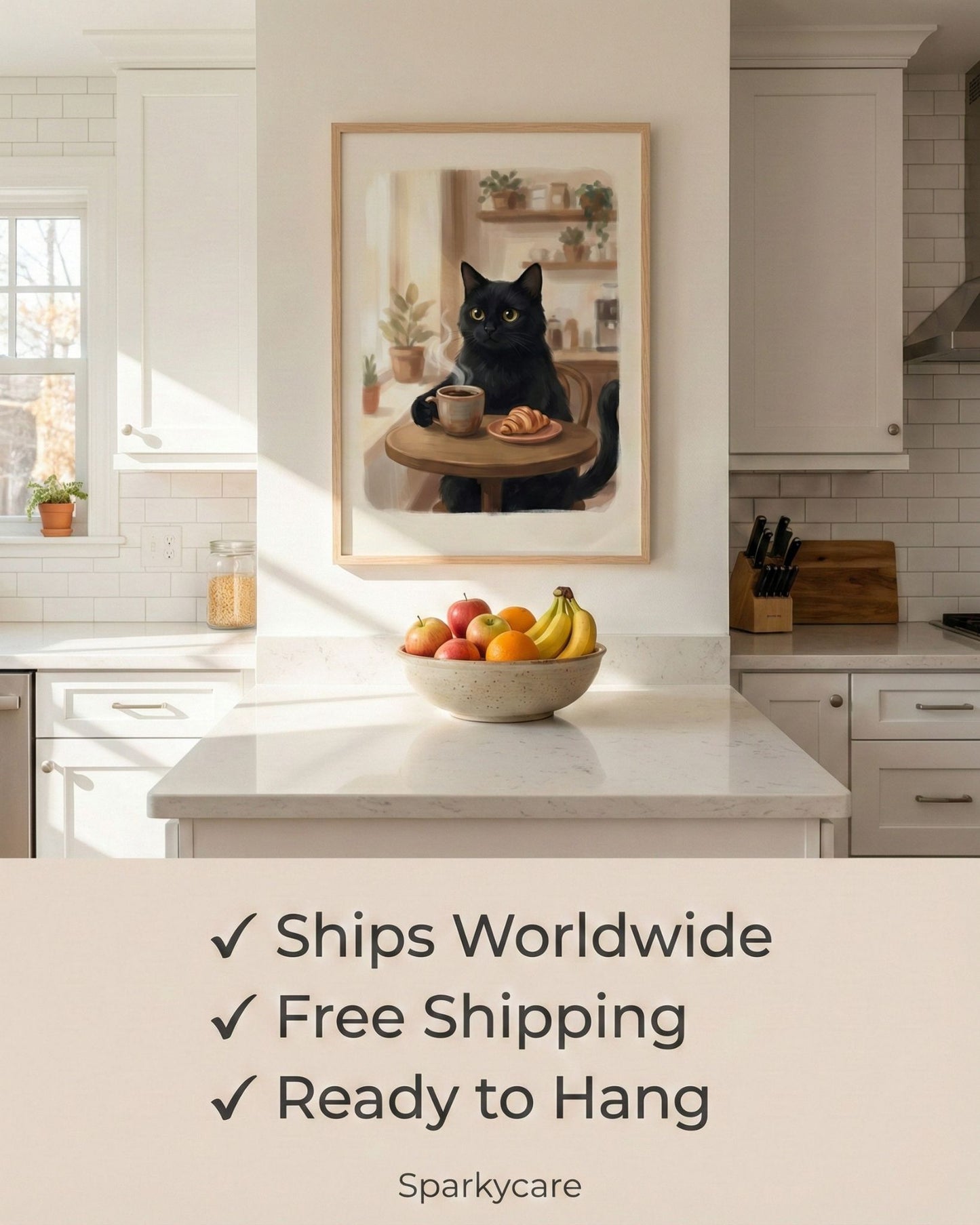 Kitchen interior with a framed picture of a cat, fruits on the counter, and promotional text about shipping and availability.
