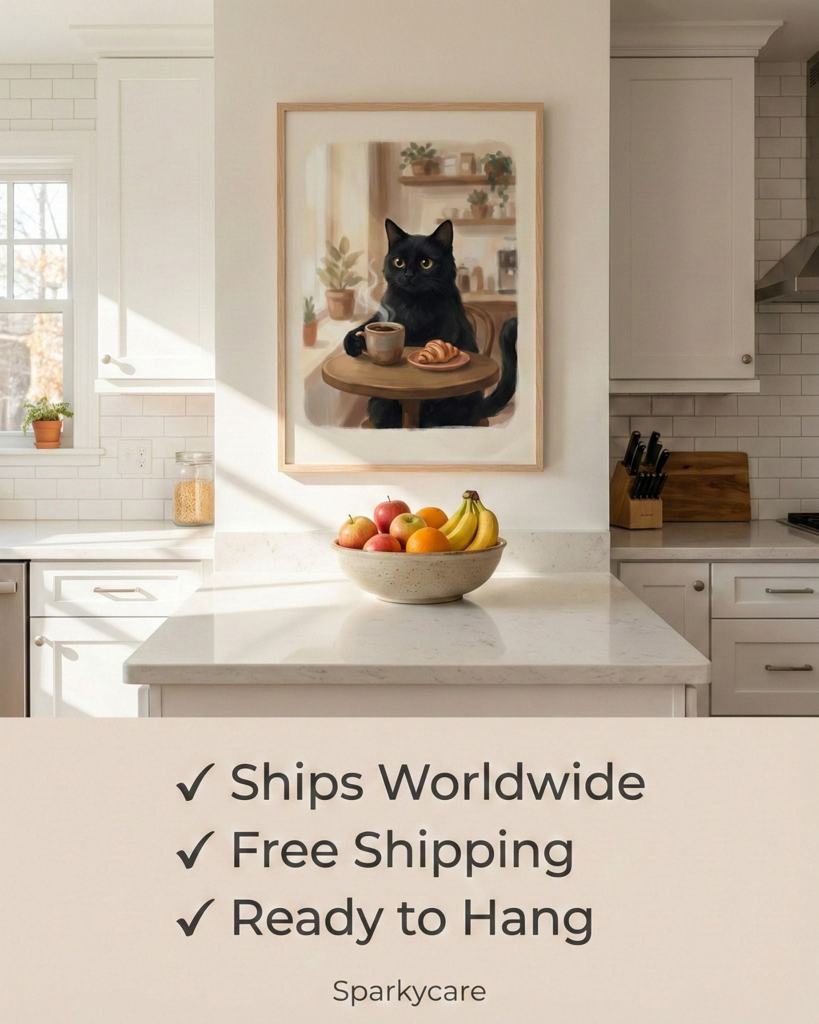 Kitchen interior with a framed picture of a cat, fruits on the counter, and promotional text about shipping and availability.