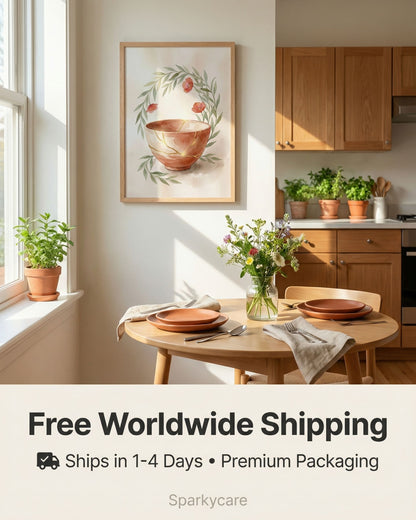 Kitchen interior with wooden table, potted plants, and a painting on the wall. Advertises free worldwide shipping by Sparkycare.