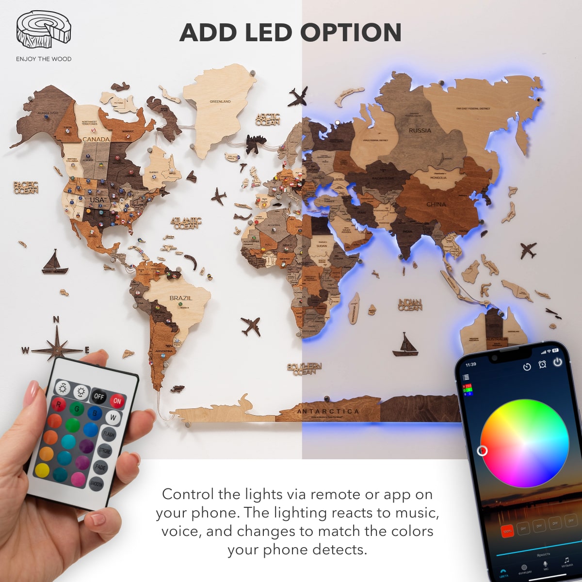 Luminous LED Wooden World Map Wall Art - Dune