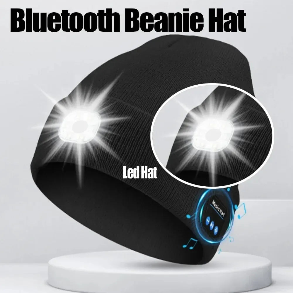 LED bluetooth beanie with rechargeable headlight and wireless speakers black