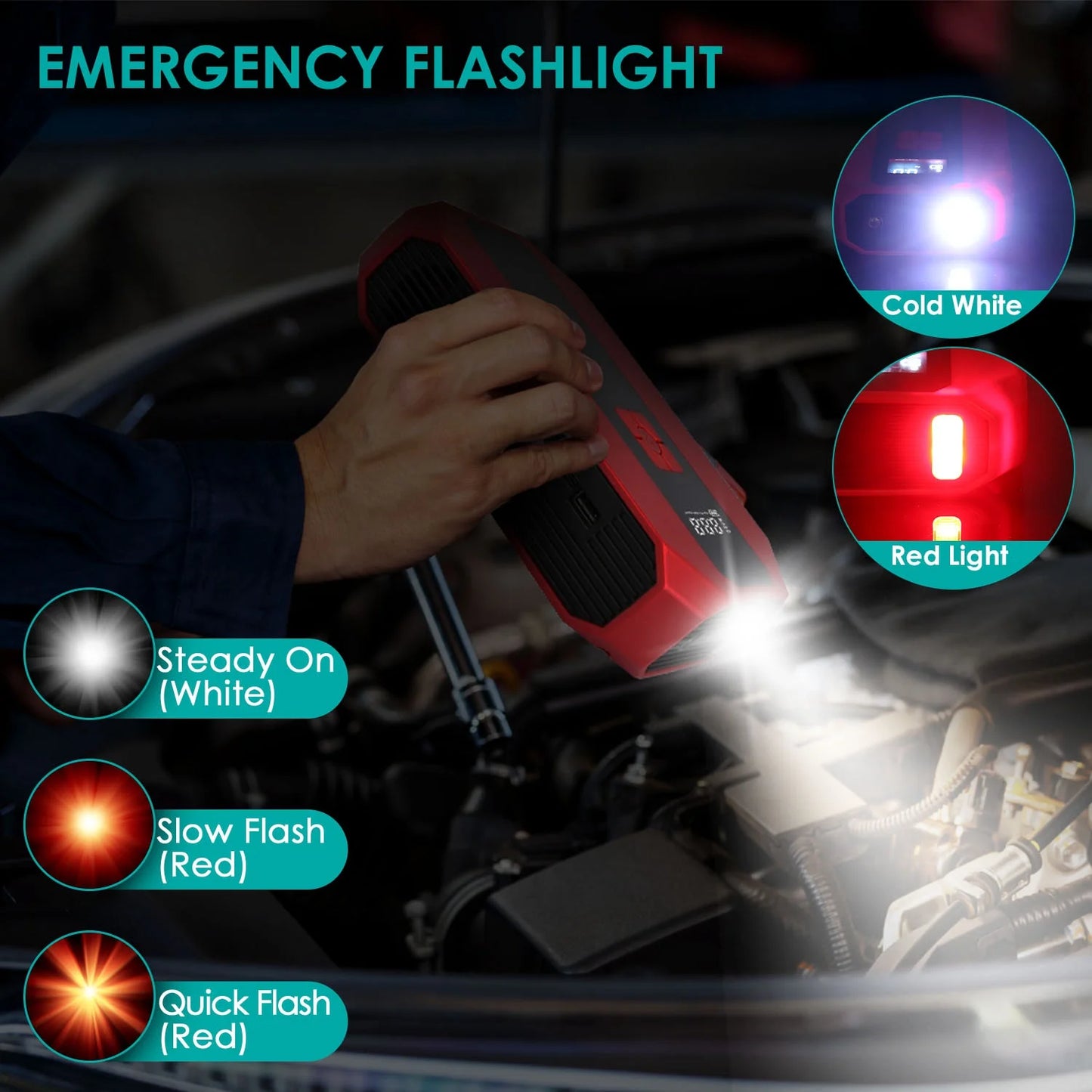 LED emergency flashlight modes on portable jump starter cold white red flashing lights