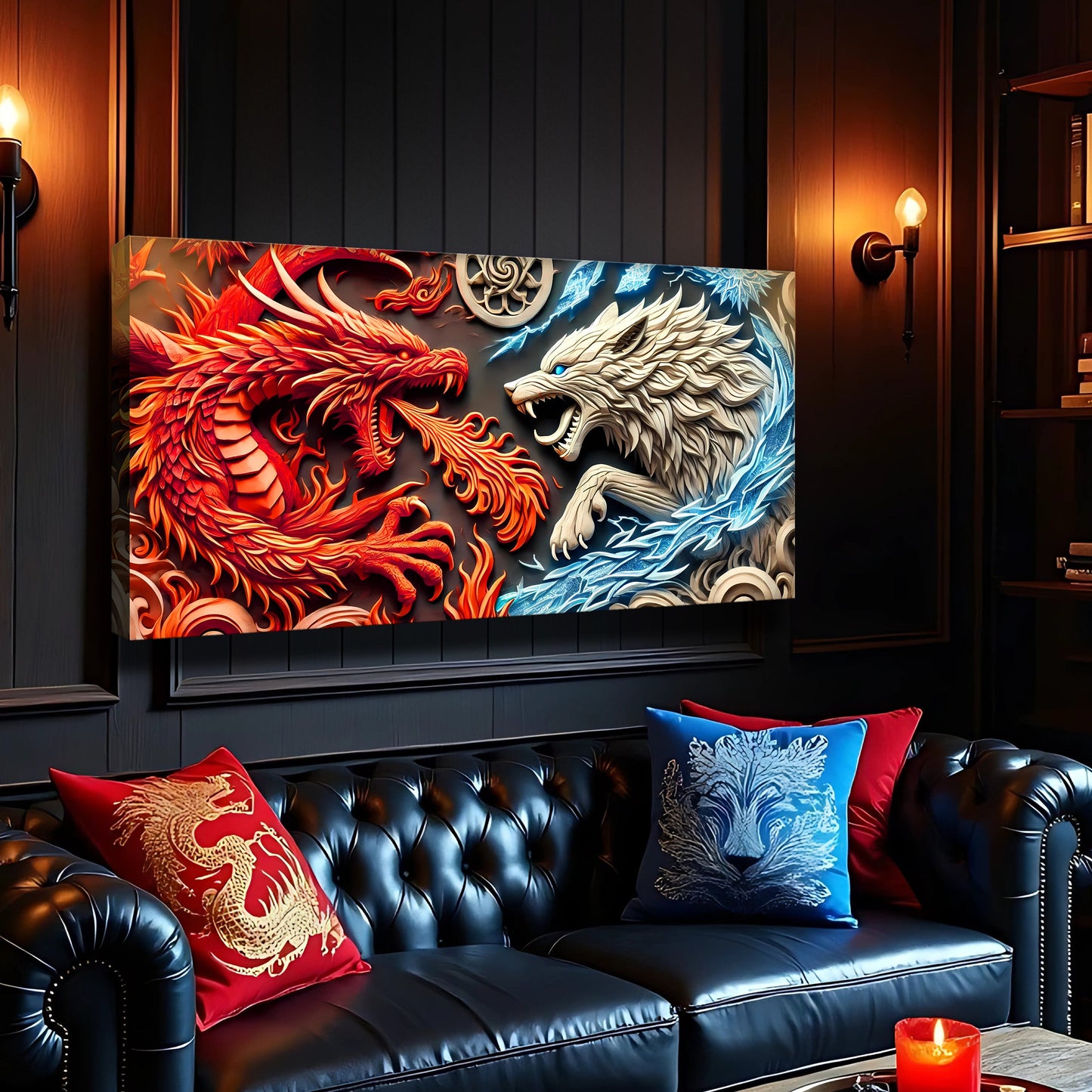 3D Dragon and Wolf Canvas Wall Art V