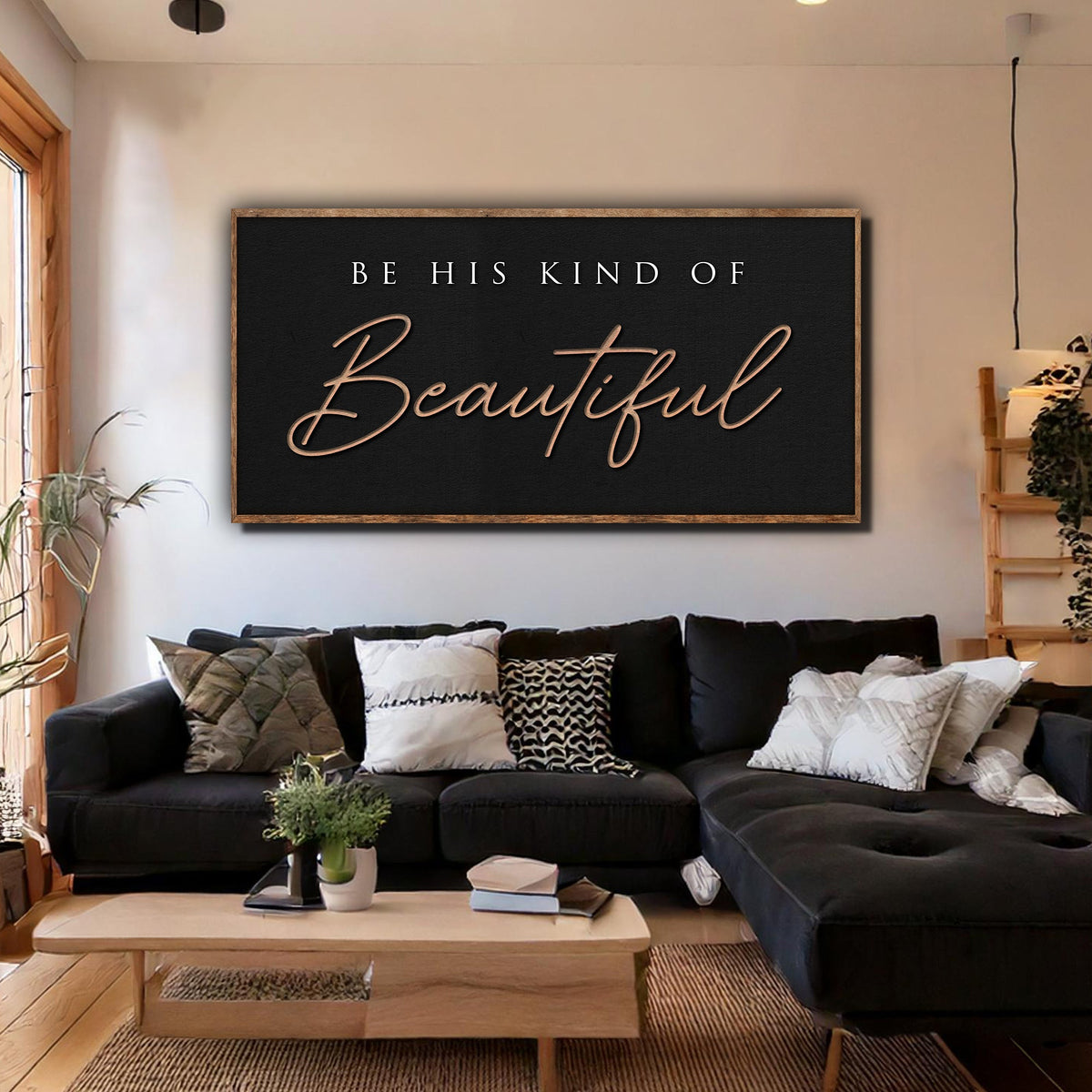 Be His Kind of Beautiful Black and Tan canvas shown in a styled room setting, view 2