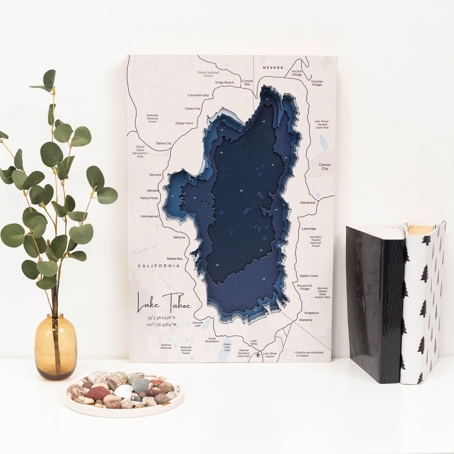 Wooden Lake Tahoe map wall art