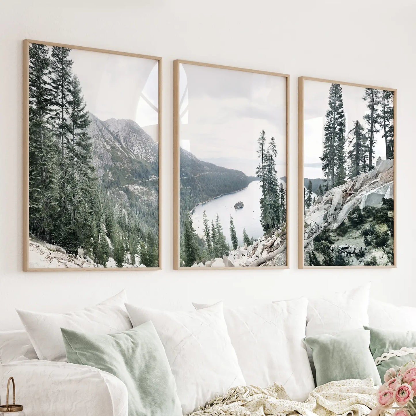 Lake Tahoe Sierra Nevada 3 piece wall art set with pines and clear water