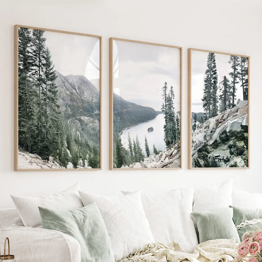 Lake Tahoe Sierra Nevada 3 piece wall art set with pines and clear water
