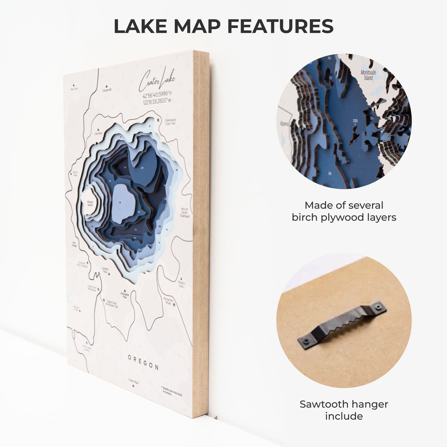 Wooden Crater Lake Map Wall Art