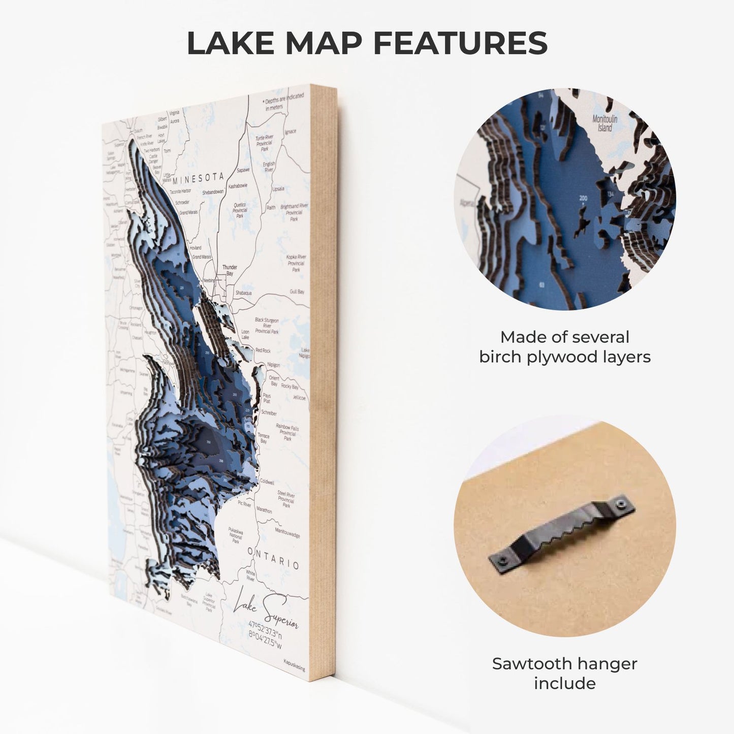 Wooden Lake Superior Map Wall Art