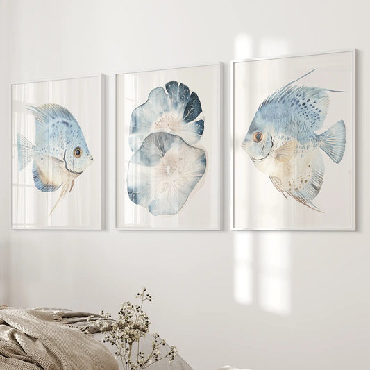 Modern Watercolor Coastal Fish Wall Art Poster Set