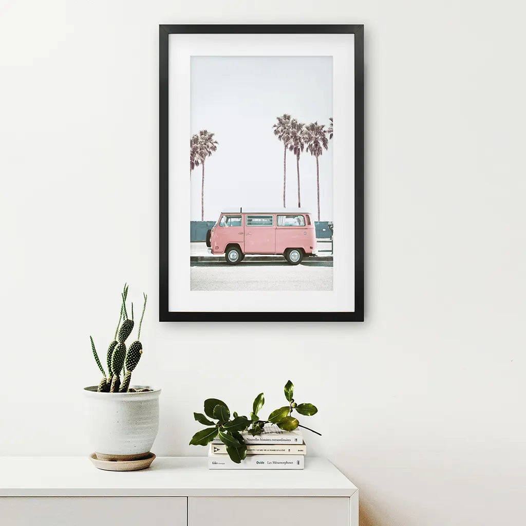 Pink Retro Van Wall Art Print, California Beach Decor
