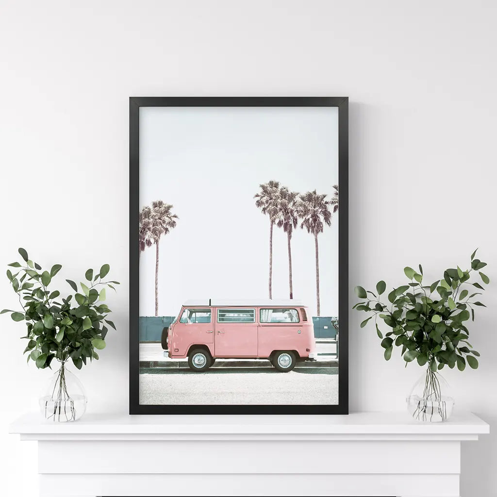 Pink Retro Van Wall Art Print, California Beach Decor