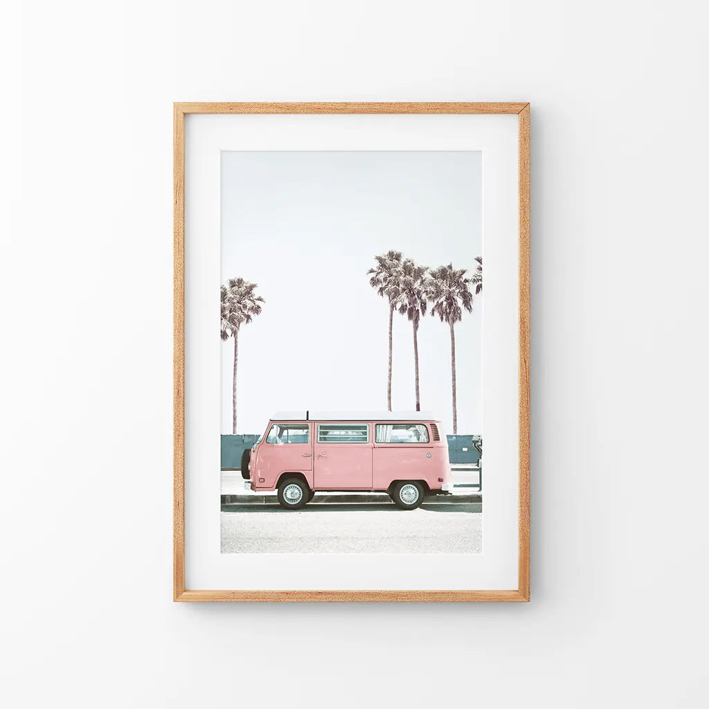 Pink retro van on a California beach, coastal summer wall art print