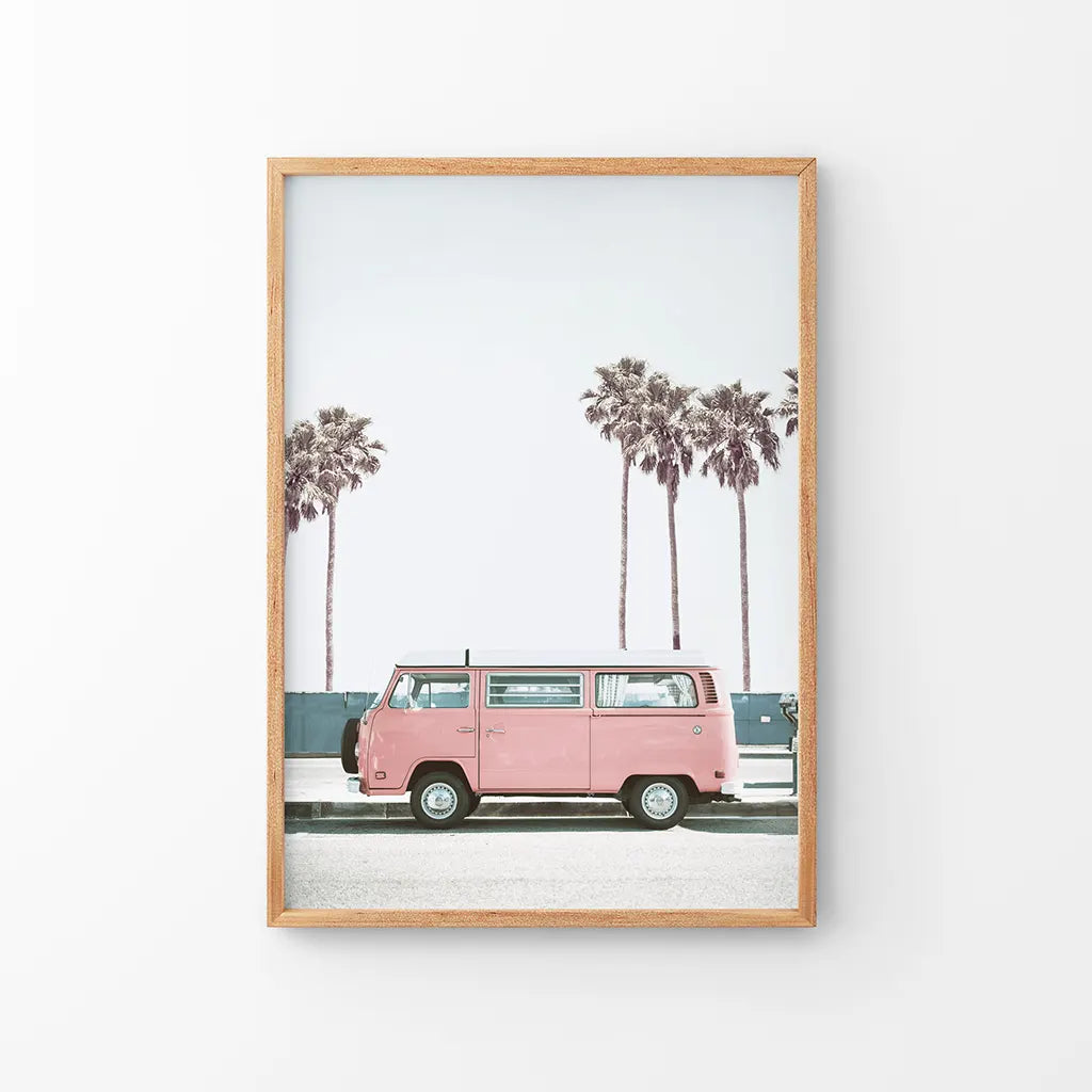 Pink Retro Van Wall Art Print, California Beach Decor