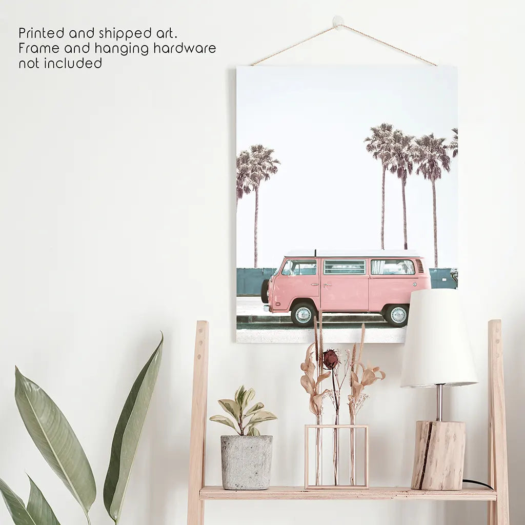 Pink Retro Van Wall Art Print, California Beach Decor