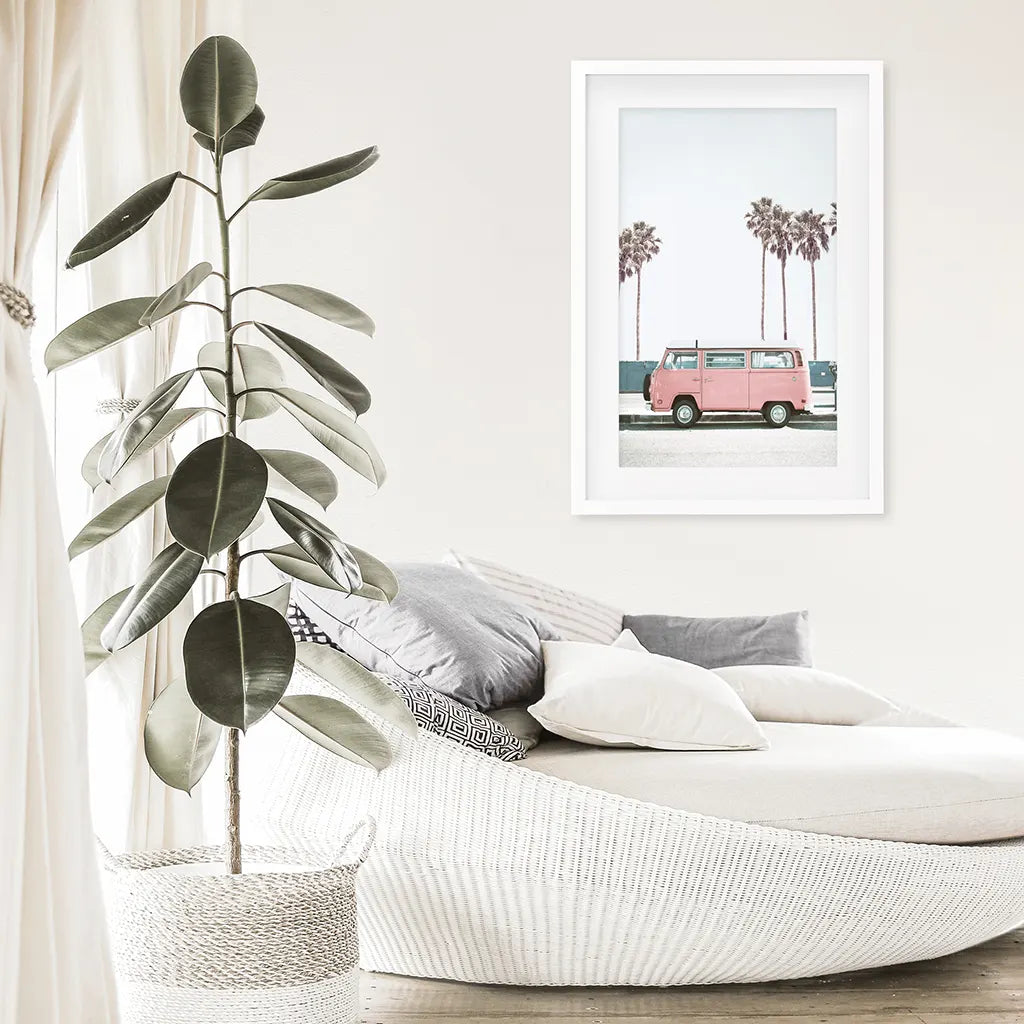 Pink Retro Van Wall Art Print, California Beach Decor