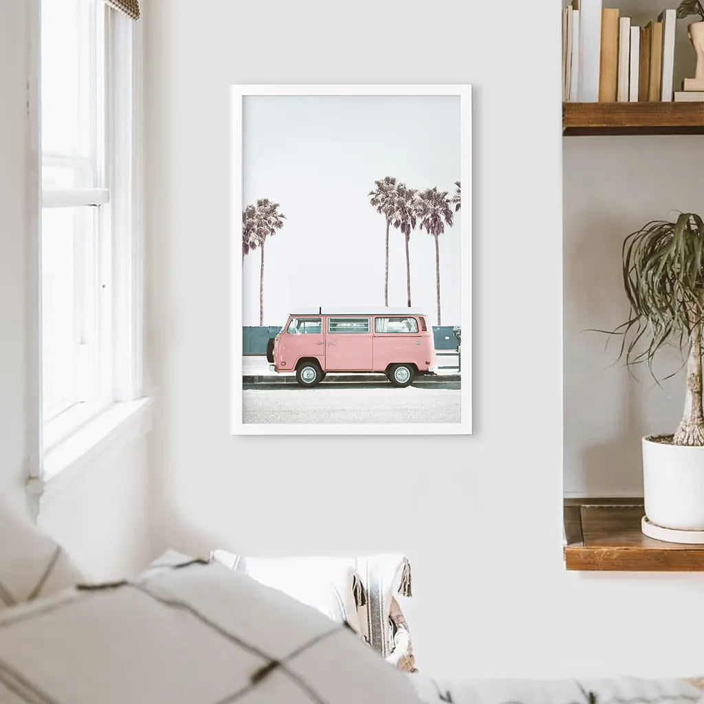 Pink Retro Van Wall Art Print, California Beach Decor