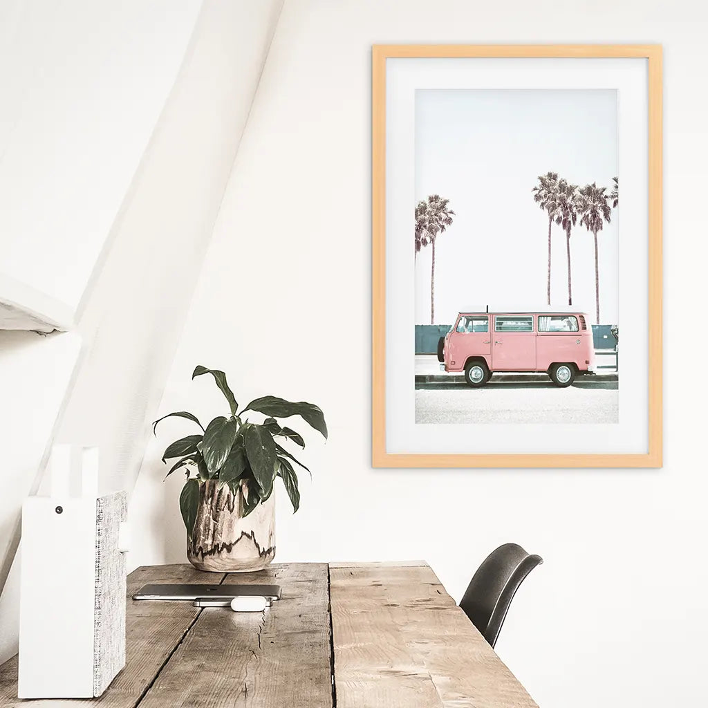 Pink Retro Van Wall Art Print, California Beach Decor