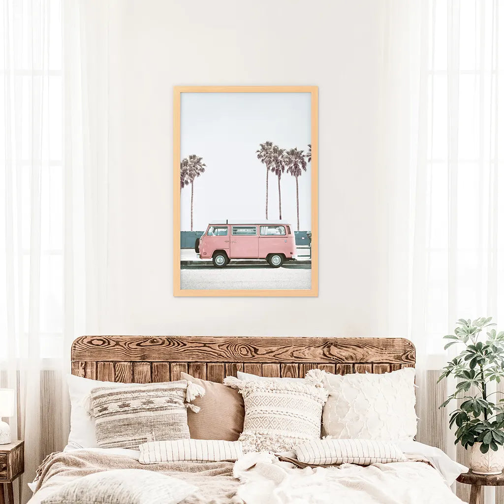 Pink Retro Van Wall Art Print, California Beach Decor