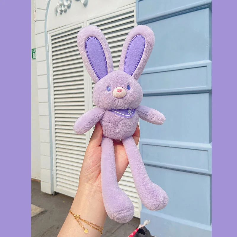 Lavender purple rabbit plush keychain charm with soft fleece material and long dangling legs for bag decoration