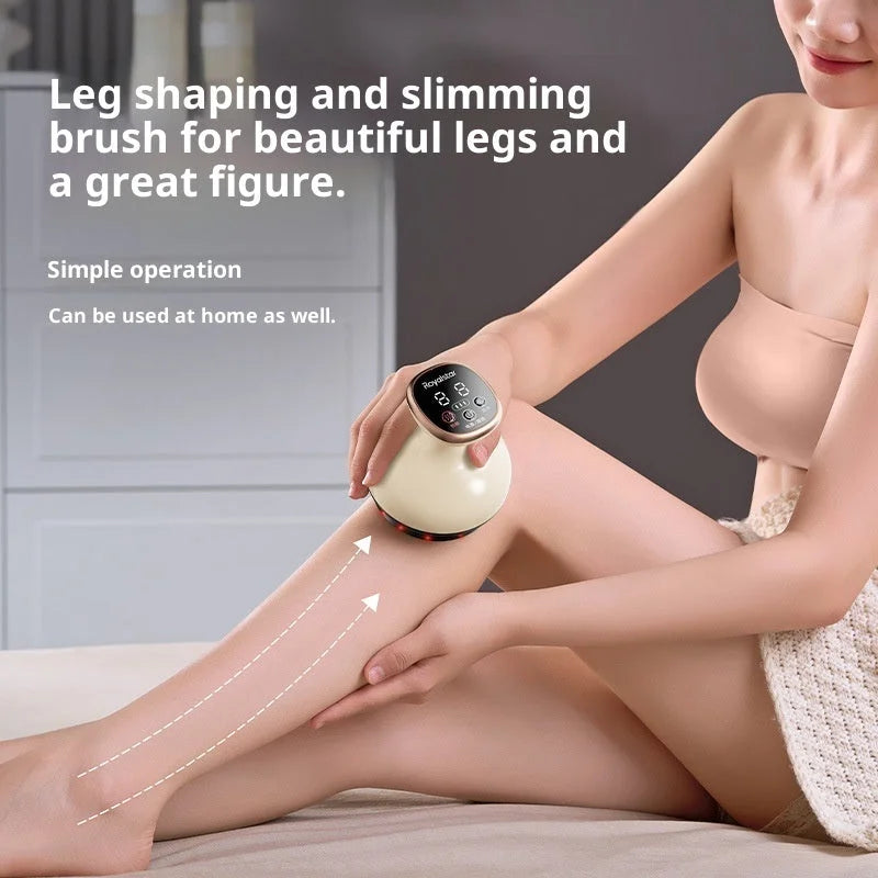 Leg shaping and slimming with electric body brush massager demonstrating upward massage technique for leg contouring