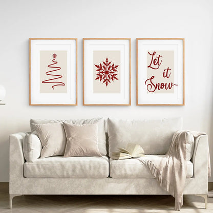 Christmas Tree Snowflake Wall Art Set of 3, Holiday Prints
