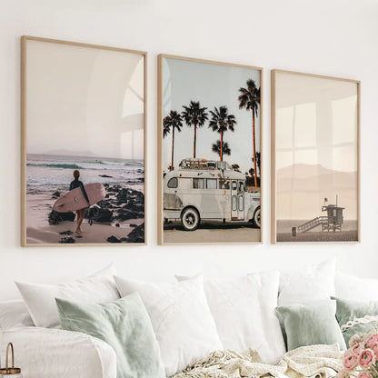 Beige surf coastal wall art set of 3 with surfboard, ocean, and lifeguard stand