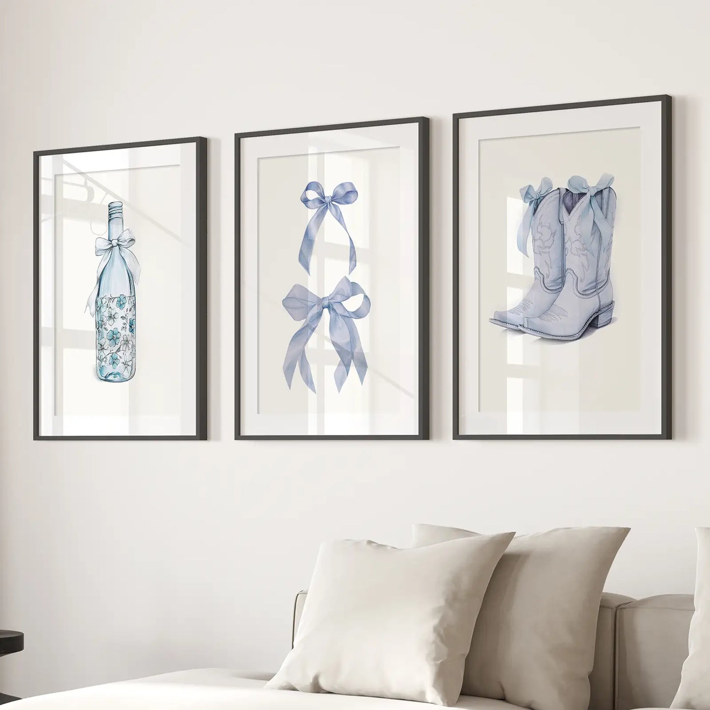 Preppy Blue Western Wall Art Set of 3 Prints Decor