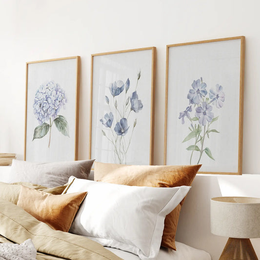 Set of 3 watercolor blue flowers wall art prints
