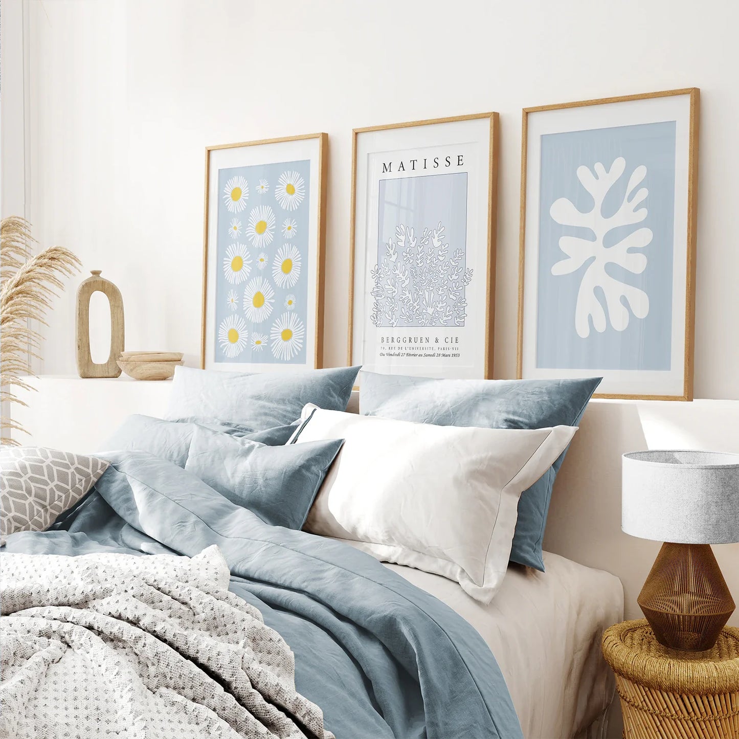 Blue Abstract Wall Art Set of 3, Leaf and Cut-Out Prints