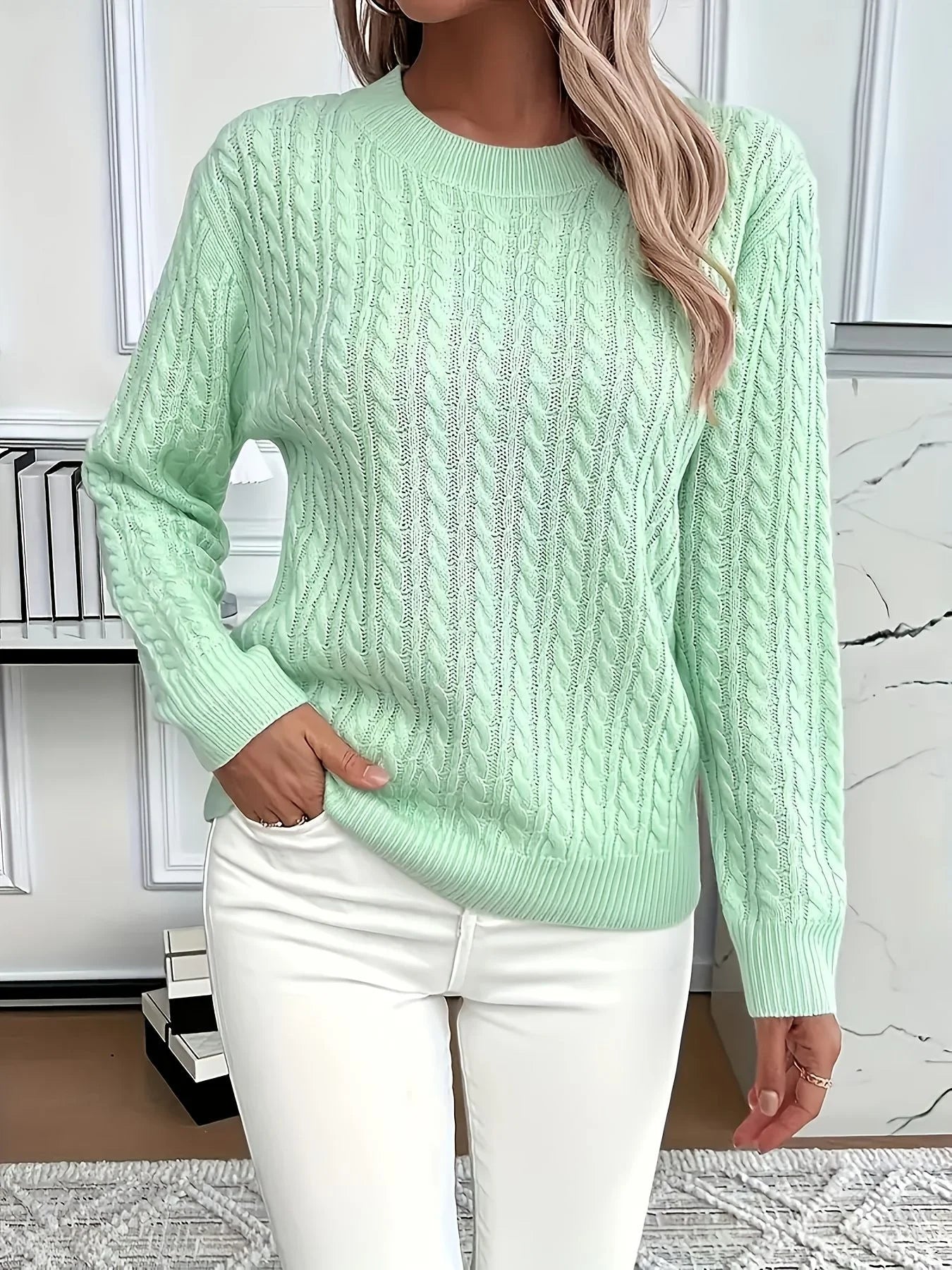 Light Green cable-knit pullover sweater for women shown in a fresh, casual outfit