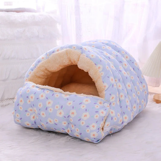 Light blue floral winter cat cave bed with thick padded walls and warm fleece interior for small pets