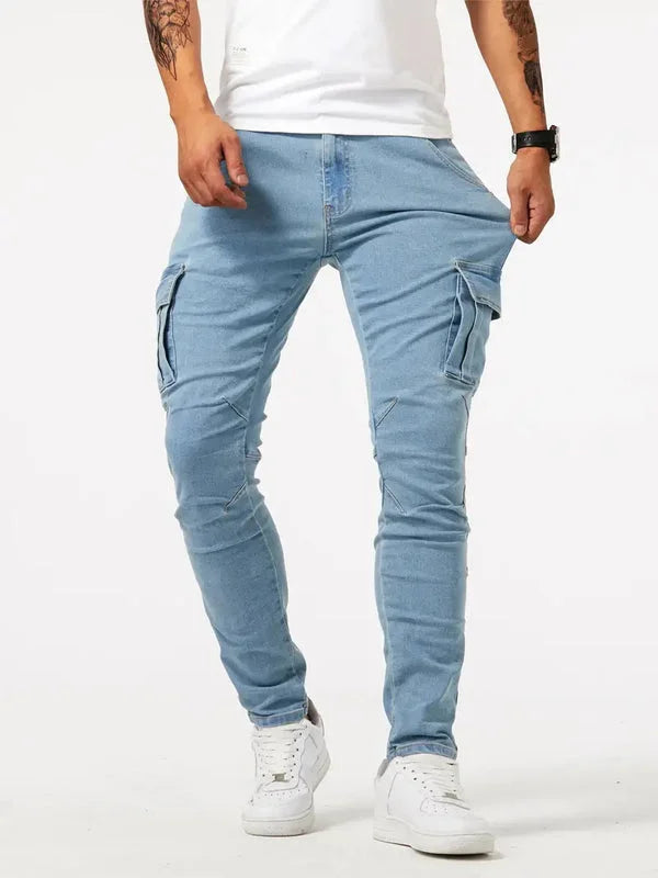 Light blue men's casual cargo pants with side pockets and slim fit denim style