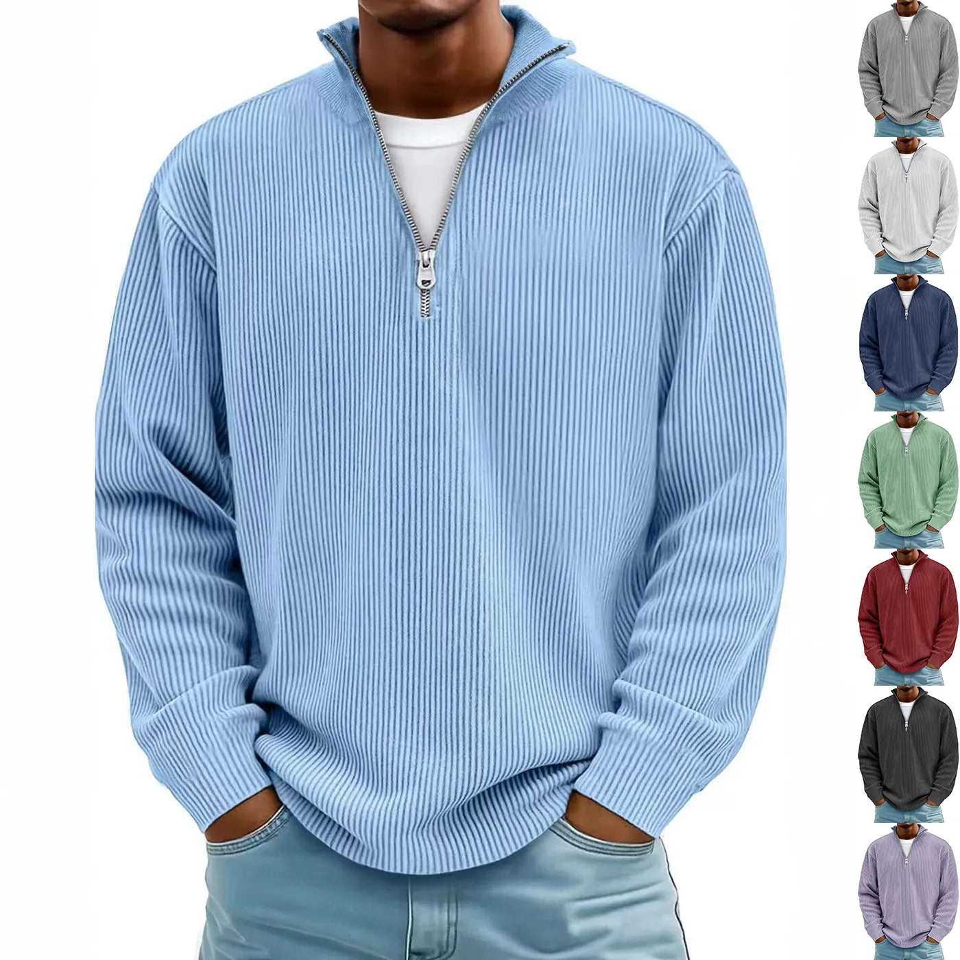 Light blue ribbed sweater worn by a person with color swatches of other sweaters displayed below.