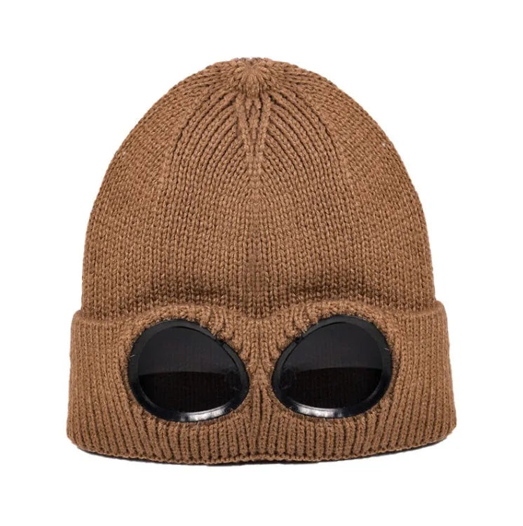 Light coffee knitted wool hat with goggle lenses, front view