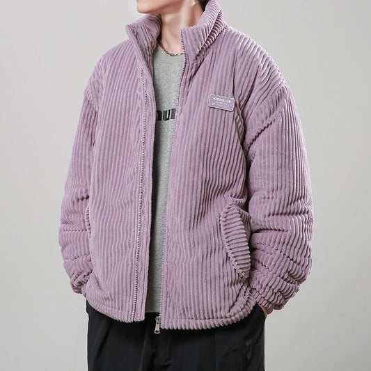 Light purple corduroy padded coat for men shown in a relaxed cold-weather outfit
