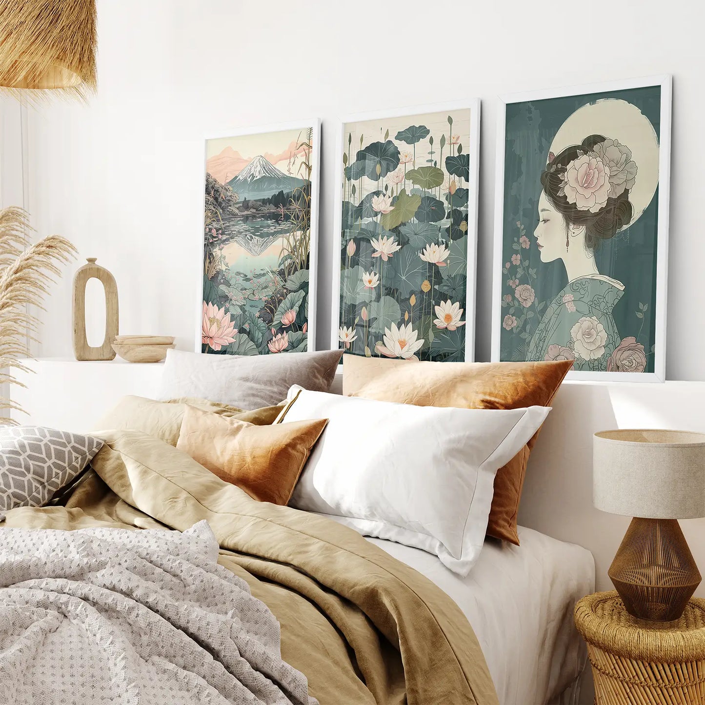 Japanese Nature Wall Art, Geisha and Mount Fuji Set of 3