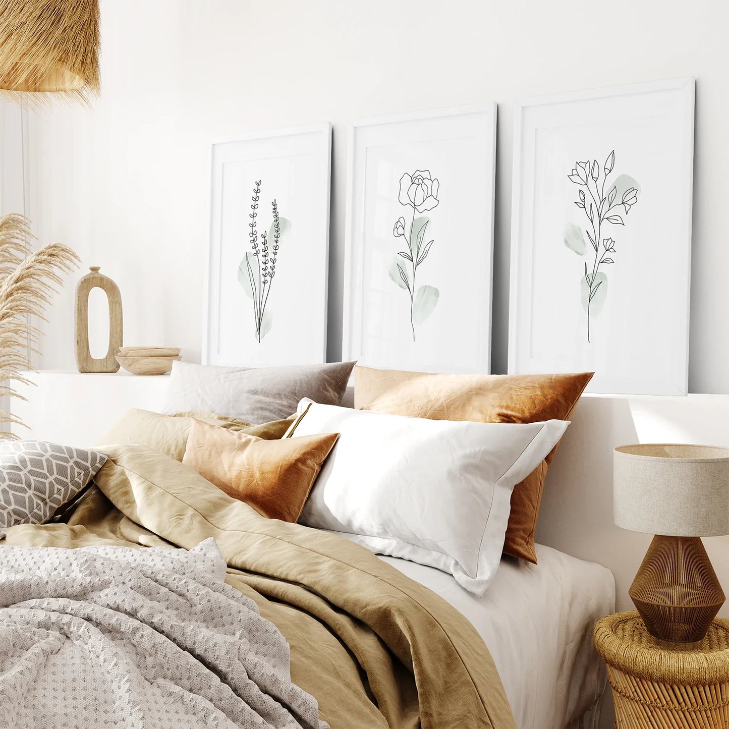 Boho Botanical Wall Art Set of 3, Green Leaves Prints
