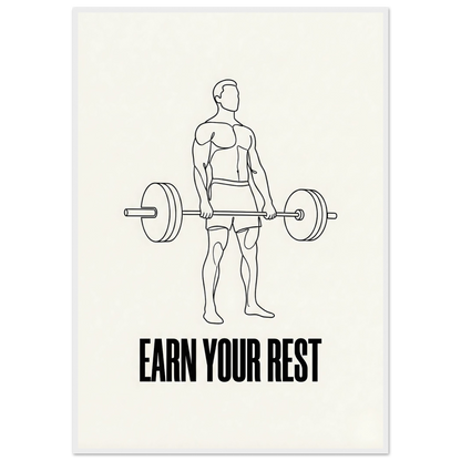 Line drawing of a person lifting weights with 'Earn Your Rest' text on a white background